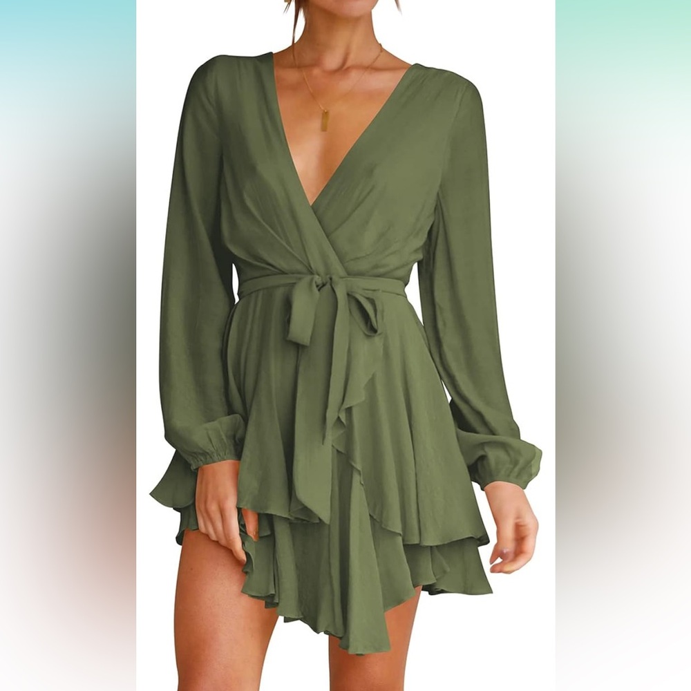 Deep V-Neck Long Sleeve Waist Tie Ruffle Mini Swing Skater Dresses